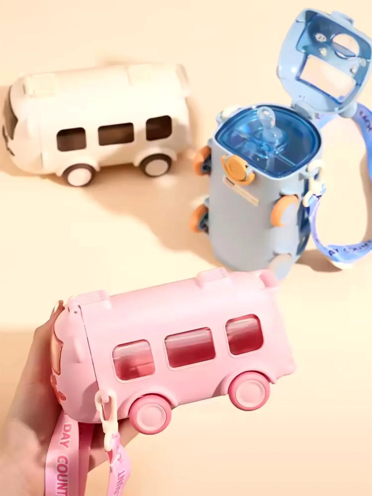 School Bus Design Kids Water Bottle With Strap– 600ml ABS Plastic Leak-Proof Bottle Small Square Drinking Cup – Fun & Durable Water Bottle for Children (Random Color)